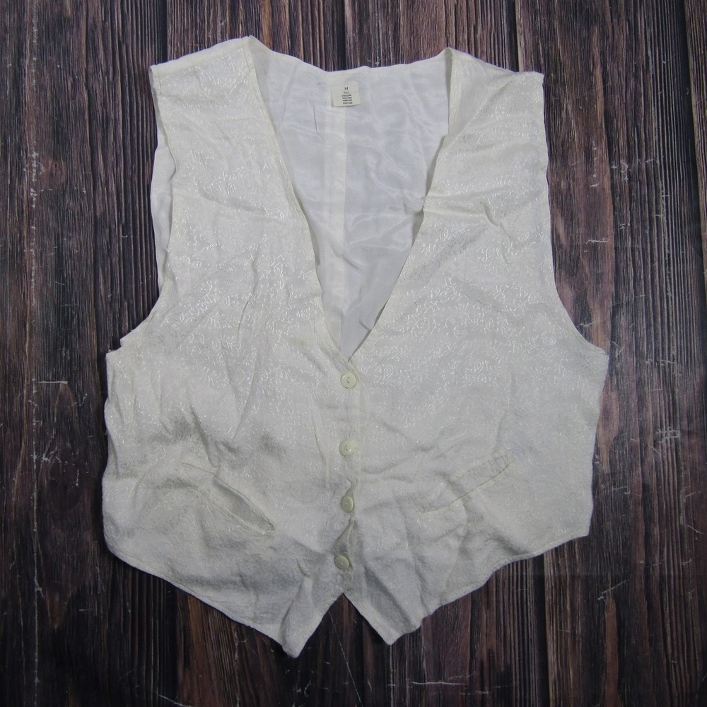 Vest Womens M White Floral Satin Lined Belted Button Front Pockets Party
